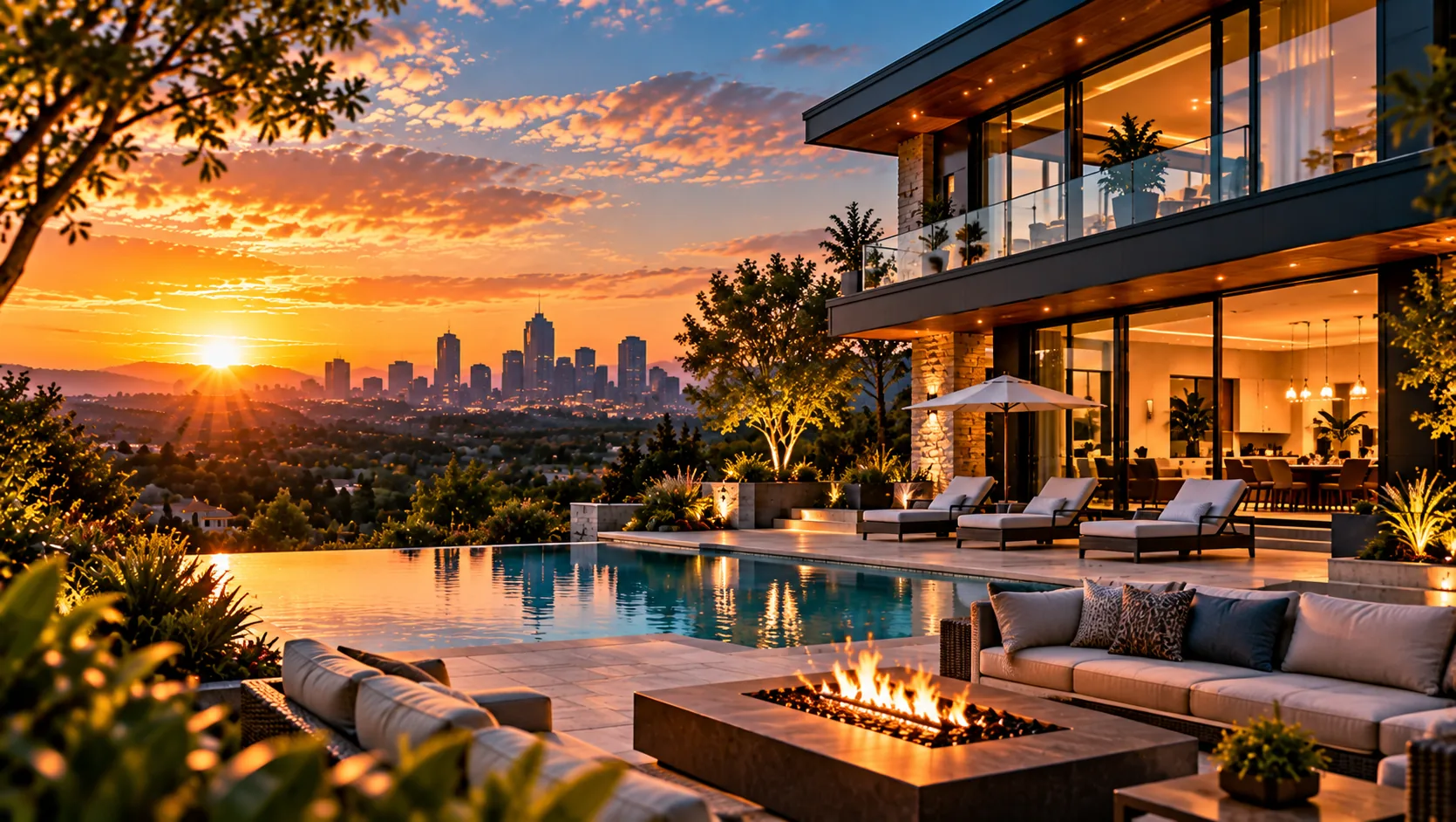 Cash-out refinance loan on a luxury home with a pool and city views at dusk