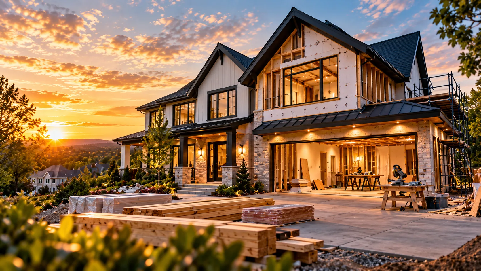 Fix and flip loan financing a residential property mid-renovation at dusk
