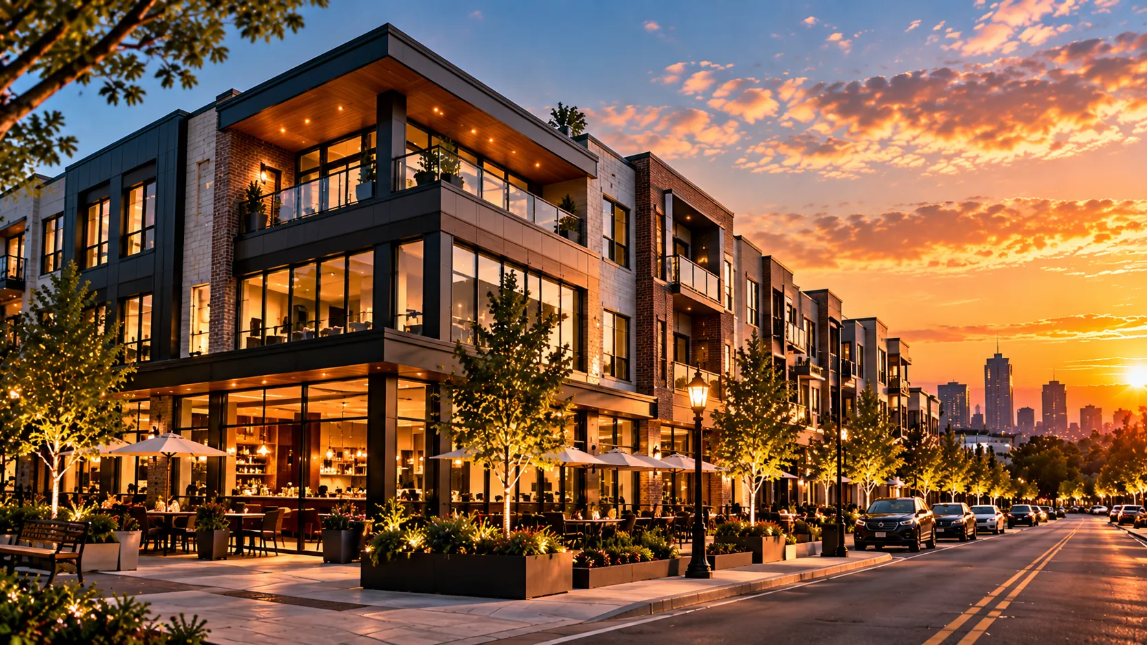 Mixed-use loan financing a street-level retail and residential building at dusk