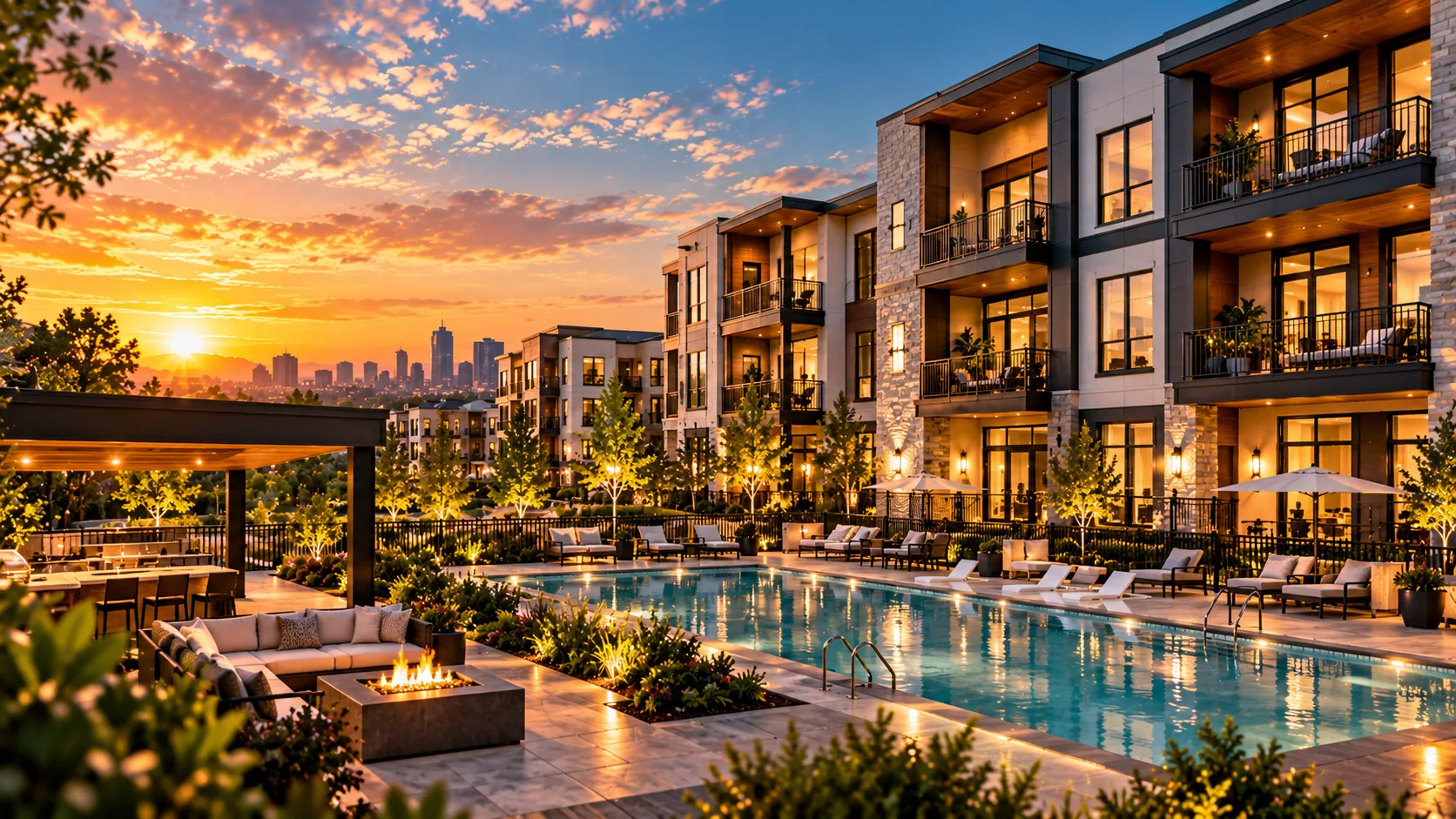 Multi-family loan financing an apartment community with a resort-style pool at dusk